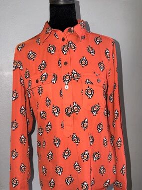 LOFT Coral Button-Down Shirt with Black & White Floral Motif size small